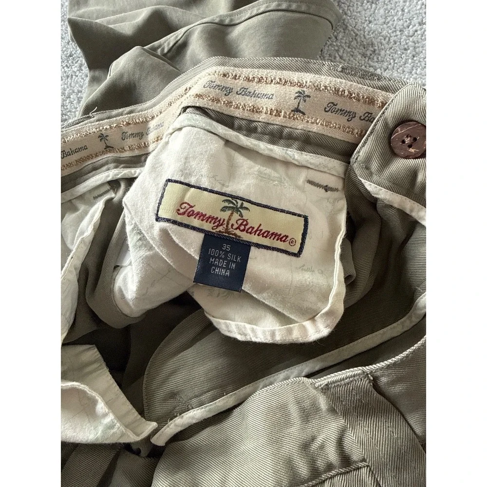 Tommy Bahama Size 35 Olive‎ Straight Pleated Pants Men 100% Silk Chino Relax